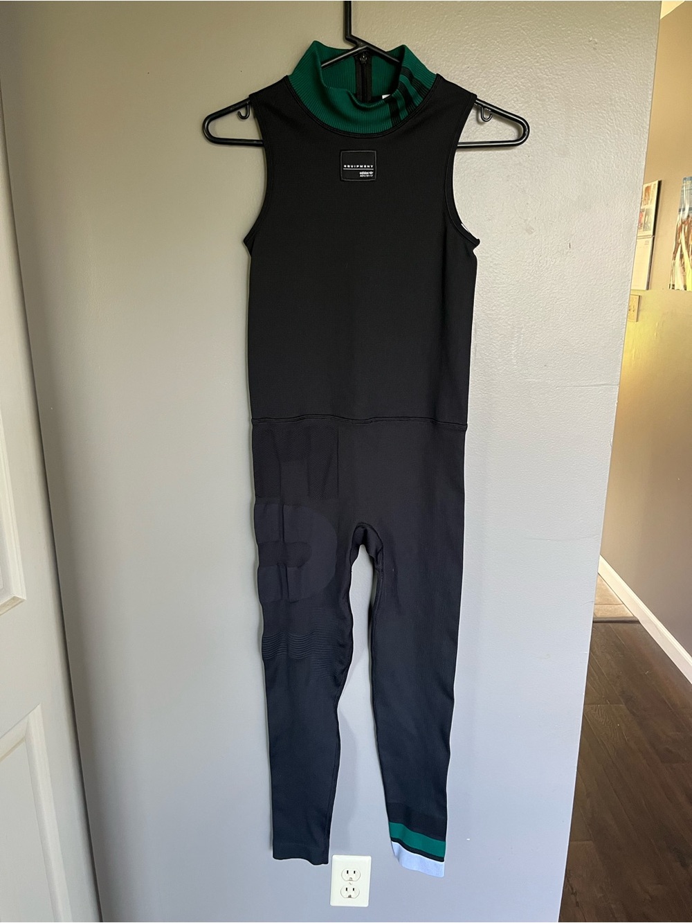 adidas Black Sleeveless Jumpsuit with Green Collar and Hem Stripe